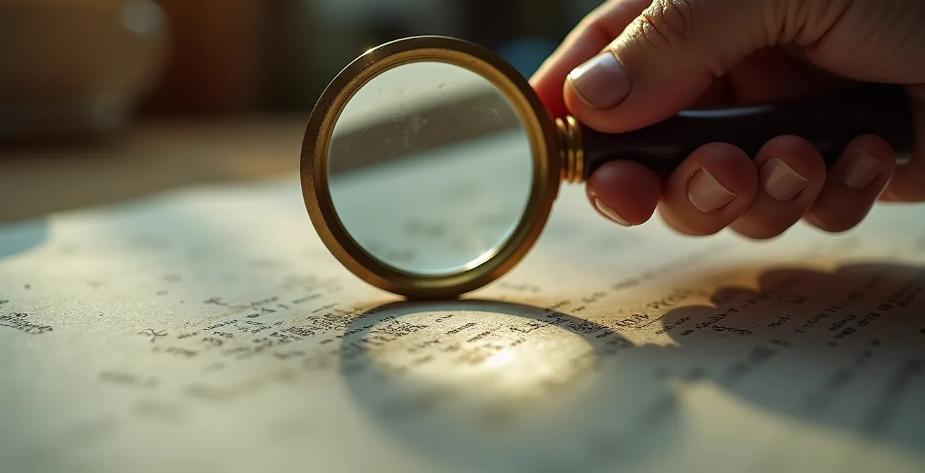 Gros plan sur une main analysant un document avec une loupe