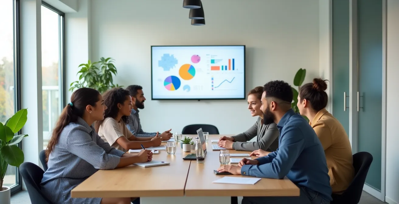 Réunion d'équipe dans une salle lumineuse avec présentation