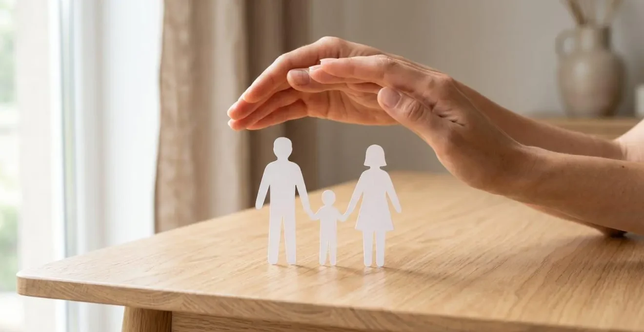 Deux mains protégeant des silhouettes en papier représentant une famille, symbolisant la protection de l'assurance crédit