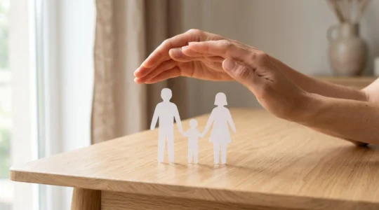 Deux mains protégeant des silhouettes en papier représentant une famille, symbolisant la protection de l'assurance crédit
